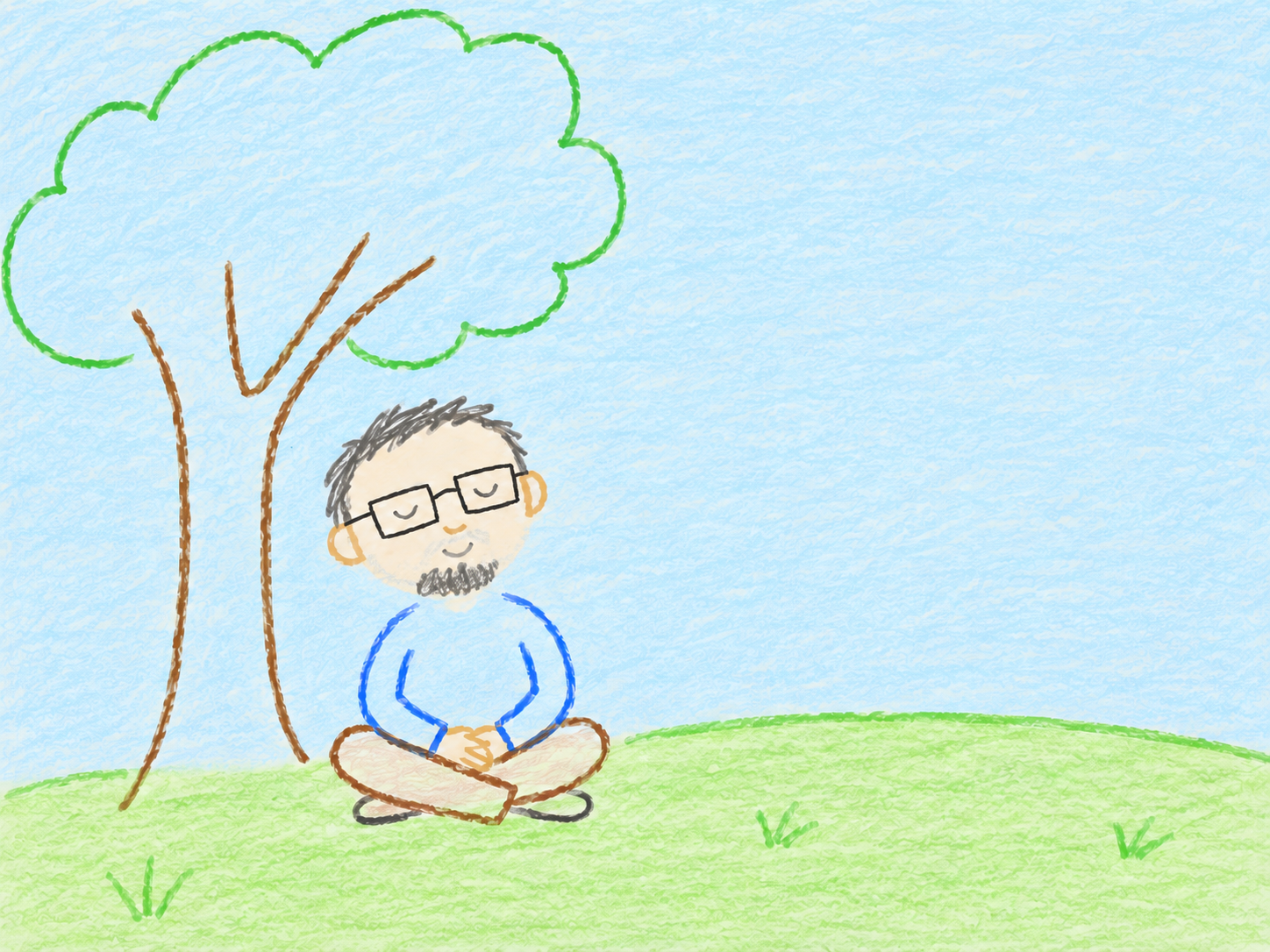 木の下で目を閉じて座っている温かみのあるイラスト